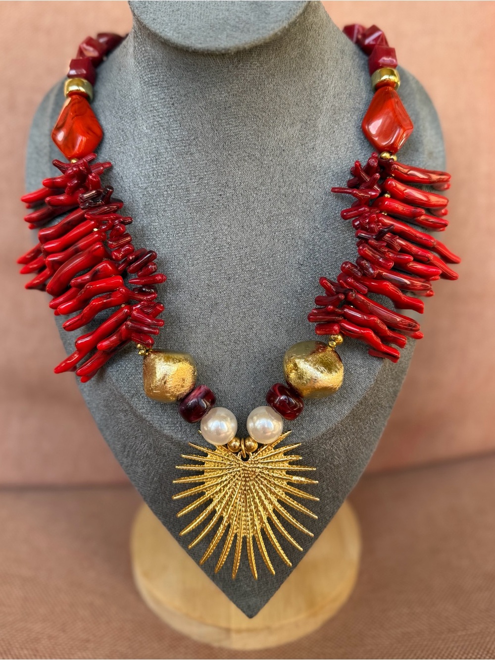 Red Coral Statement Necklace with Gold Sunburst Pendant and Pearls Chunky